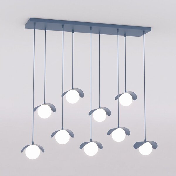 Závěsné svítidlo RITUAL 9 – tlumeně modré, bílé sklo, 9× G9, šířka 116 cm