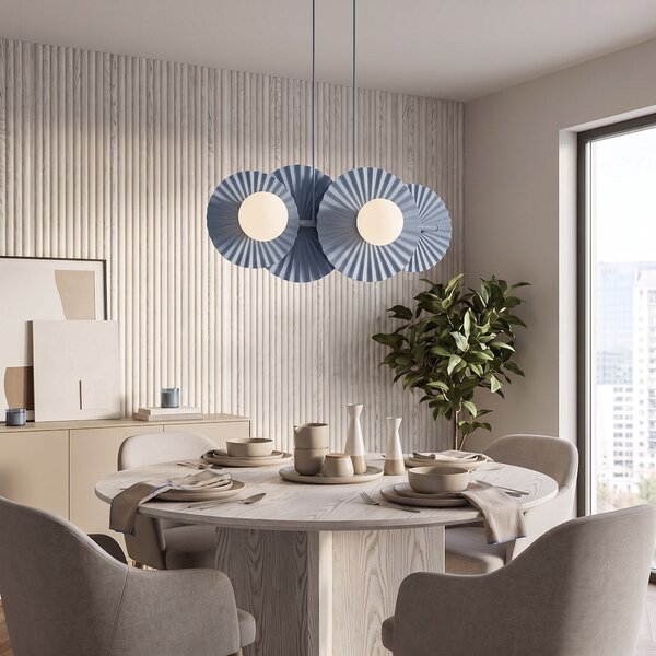 Závěsné svítidlo UMBRA 4 – tlumeně modré, bílé sklo, 4× G9, šířka 59 cm