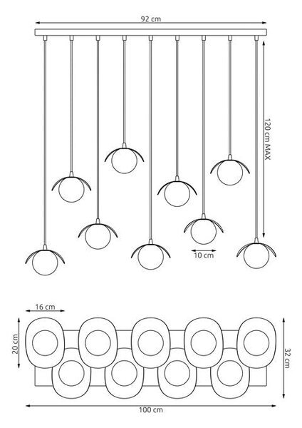 Závěsné svítidlo RITUAL 9 – moka, bílé sklo, 9× G9, šířka 100 cm