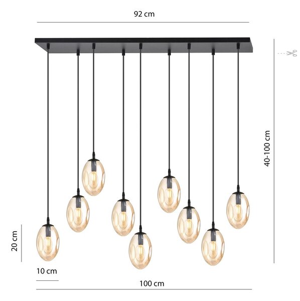 Závěsné svítidlo ASTRAL 9 – černé, jantarové sklo, 9× E14, šířka 100 cm
