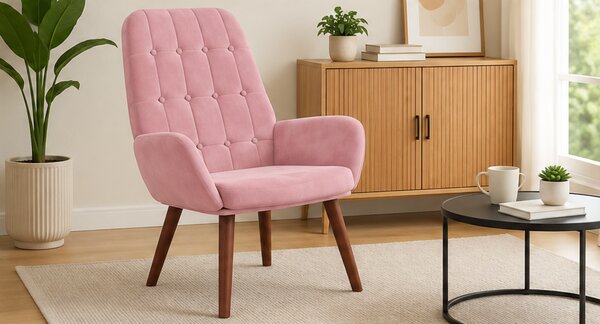 Relaxační křeslo, odpočinkové, dřevo/kov/textil, 96x69x78 cm, nohy tmavé/růžová, Dekorino KR20260049