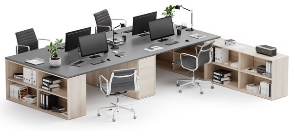 Kancelářská sestava stolů BLOCK B05, 4 místa s úložným prostorem, 360x320 cm, dub přírodní/grafit