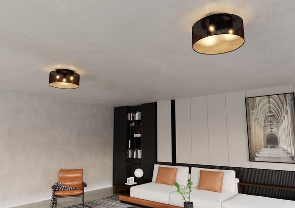 Stropní svítidlo ASTON 3 – černé, zlatá textilní stínidla, 3× E27, šířka 50 cm