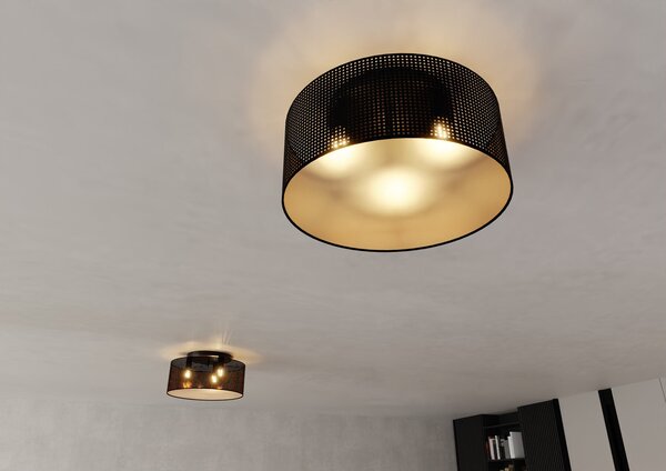 Stropní svítidlo ASTON 3 – černé, zlatá textilní stínidla, 3× E27, šířka 50 cm