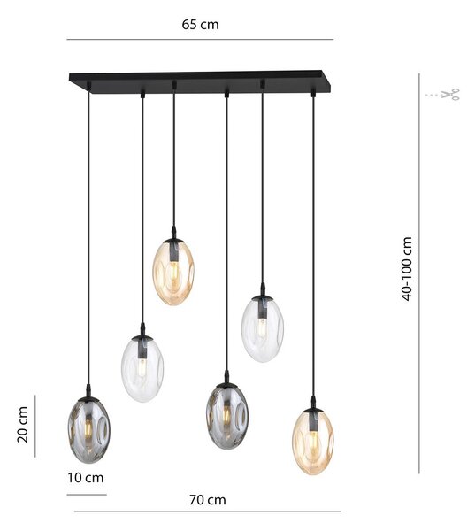Závěsné svítidlo ASTRAL 6 – černé, grafitové / čiré / jantarové sklo, 6× E14, šířka 65 cm