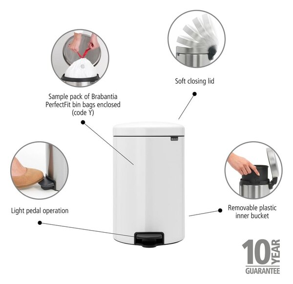 Bílý nášlapný ocelový odpadkový koš 20 l NewIcon – Brabantia