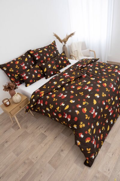 MK Lůžkoviny Prodloužené bavlněné povlečení Renforcé - Podzimní les tmavě hnědé 140 × 220 cm, 70 x 90 cm
