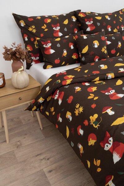 MK Lůžkoviny Prodloužené bavlněné povlečení Renforcé - Podzimní les tmavě hnědé 140 × 220 cm, 70 x 90 cm