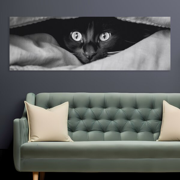 Obraz na plátně - Najdi kočku, kočka v bílé přikrývce FeelHappy.cz Rozměr obrazu (Šířka x Výška): 120 x 40 cm