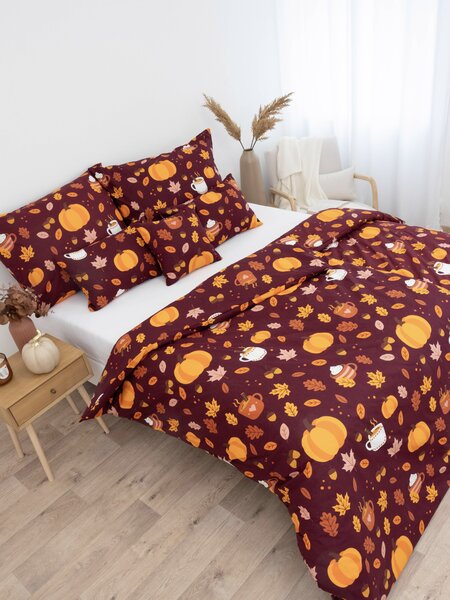 MK Lůžkoviny Prodloužené bavlněné povlečení Renforcé - Hřejivý podzim vínový 140 × 220 cm, 70 x 90 cm