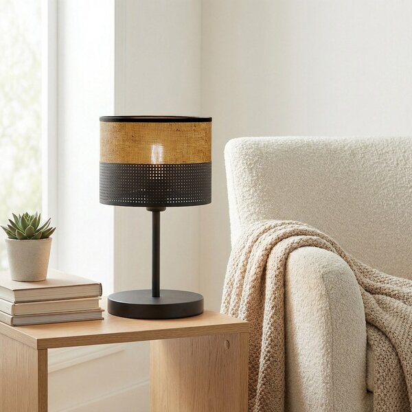 Stolní lampa KARBON LN1 – černá / hnědá, textilní stínidlo, 1× E27, šířka 20 cm