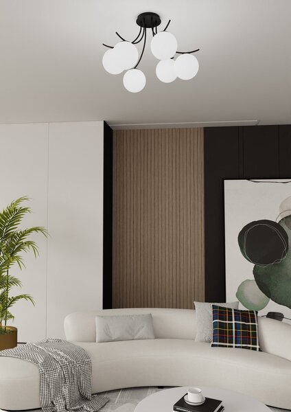 Stropní svítidlo BOSTON 6 – černé, opálové sklo, 6× E14, šířka 60 cm