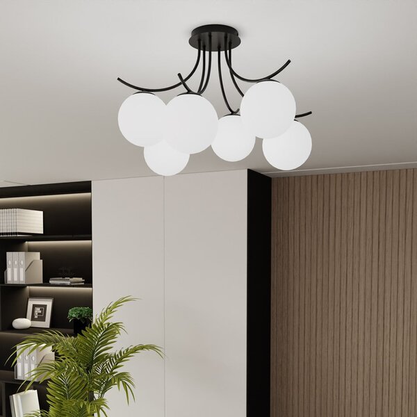 Stropní svítidlo BOSTON 6 – černé, opálové sklo, 6× E14, šířka 60 cm