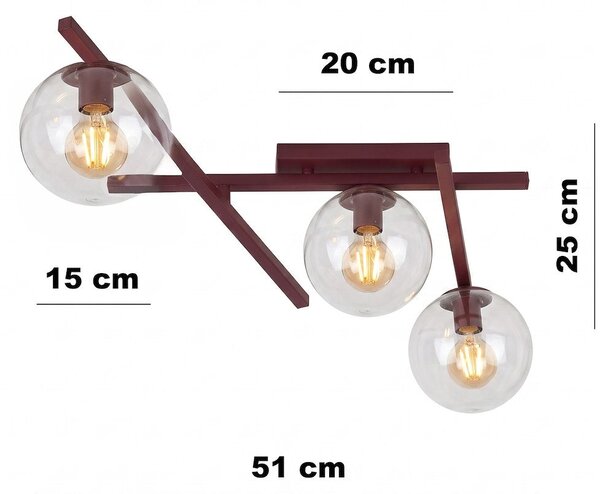Stropní svítidlo SMART 3 – vínové, čiré sklo, 3× E14, šířka 51 cm