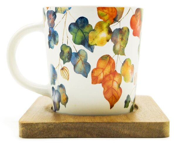 Porcelánový hrnek PPD Bright Fall, akáciový podšálek, podzimní listy, akvarel, 350 ml