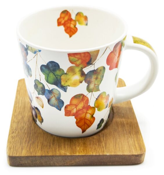Porcelánový hrnek PPD Bright Fall, akáciový podšálek, podzimní listy, akvarel, 350 ml