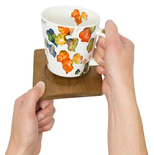 Porcelánový hrnek PPD Bright Fall, akáciový podšálek, podzimní listy, akvarel, 350 ml