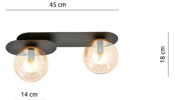 Stropní svítidlo PLAZA 2 – černé, jantarové sklo, 2× E14, šířka 45 cm