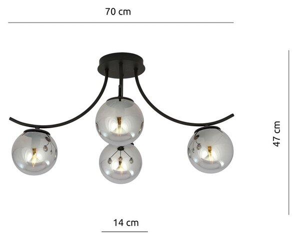 Stropní svítidlo BOSTON 4 – černé, grafitové sklo, 4× E14, šířka 70 cm