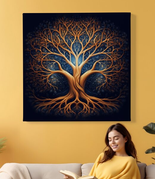 Obraz na plátně - Zlato modrý strom života na černém pozadí FeelHappy.cz Velikost obrazu: 40 x 40 cm