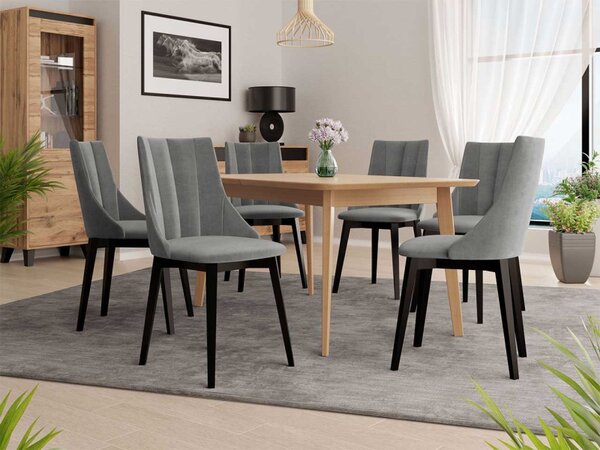 Rozkládací jídelní stůl se 6 židlemi NOWEN 2 - přírodní dřevo / černý / šedý