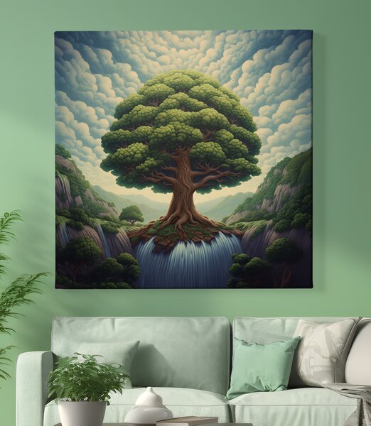 Obraz na plátně - Košatý strom života s vodopádem FeelHappy.cz Velikost obrazu: 40 x 40 cm