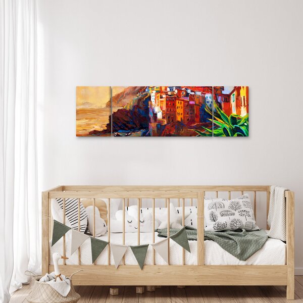 Obraz - Vesnice na pobřeží Cinque Terre, Italská riviéra, moderní impresionismus (170x50 cm)