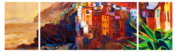 Obraz - Vesnice na pobřeží Cinque Terre, Italská riviéra, moderní impresionismus (170x50 cm)