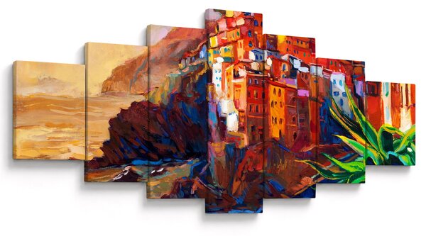 Obraz - Vesnice na pobřeží Cinque Terre, Italská riviéra, moderní impresionismus (210x100 cm)