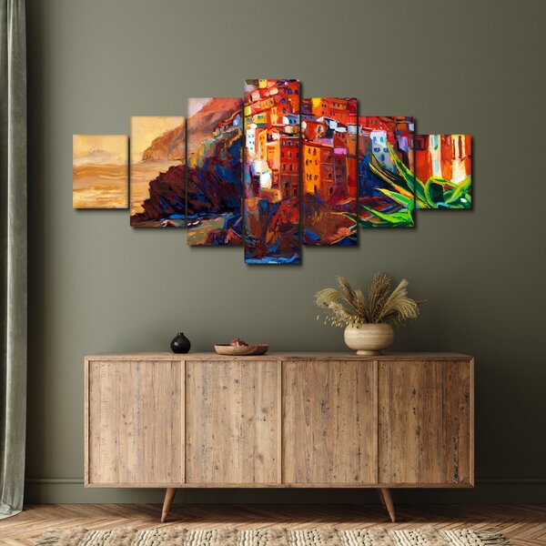 Obraz - Vesnice na pobřeží Cinque Terre, Italská riviéra, moderní impresionismus (210x100 cm)