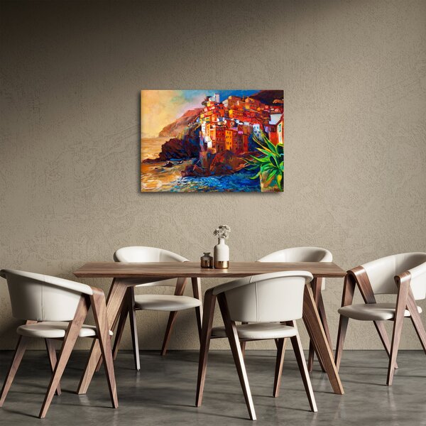 Obraz - Vesnice na pobřeží Cinque Terre, Italská riviéra, moderní impresionismus (70x50 cm)