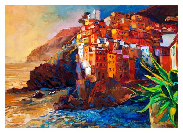 Obraz - Vesnice na pobřeží Cinque Terre, Italská riviéra, moderní impresionismus (70x50 cm)