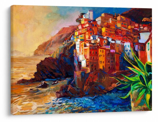 Obraz - Vesnice na pobřeží Cinque Terre, Italská riviéra, moderní impresionismus (70x50 cm)
