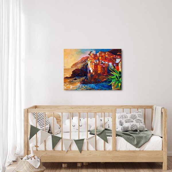Obraz - Vesnice na pobřeží Cinque Terre, Italská riviéra, moderní impresionismus (70x50 cm)