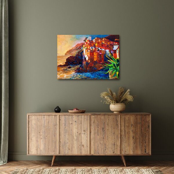 Obraz - Vesnice na pobřeží Cinque Terre, Italská riviéra, moderní impresionismus (70x50 cm)