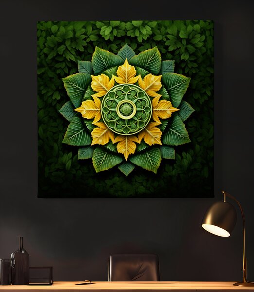 Obraz na plátně - Mandala zelené a žluté listy FeelHappy.cz Vyberte rozměr (Šířka/Výška): 60 x 60 cm