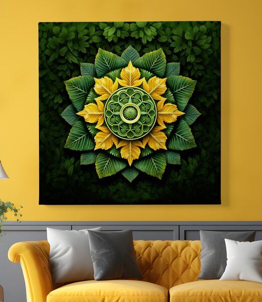 Obraz na plátně - Mandala zelené a žluté listy FeelHappy.cz Vyberte rozměr (Šířka/Výška): 60 x 60 cm