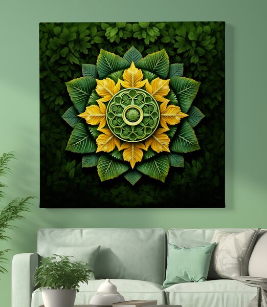 Obraz na plátně - Mandala zelené a žluté listy FeelHappy.cz Velikost obrazu: 60 x 60 cm