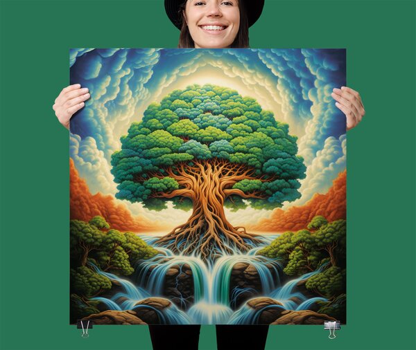 Plakát - Košatý strom života s vodopádem a mraky FeelHappy.cz Velikost plakátu: 40 x 40 cm