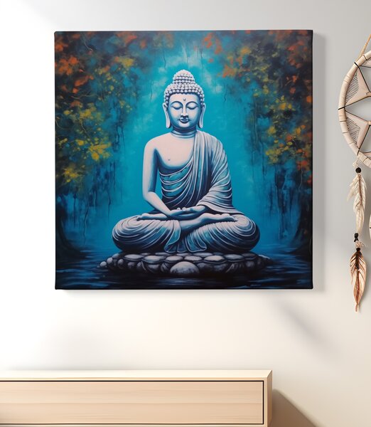 Obraz na plátně - Sedící buddha na kamenném ostrůvku FeelHappy.cz Velikost obrazu: 40 x 40 cm