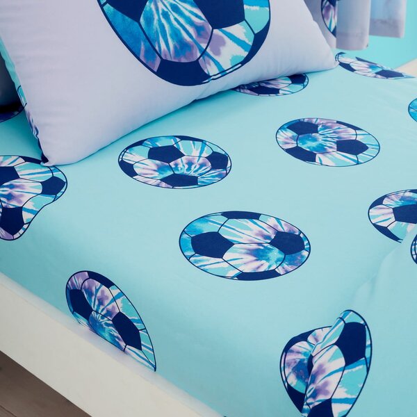 Tyrkysové napínací dětské prostěradlo na dvoulůžko 135x190 cm Tie Dye Football – Catherine Lansfield