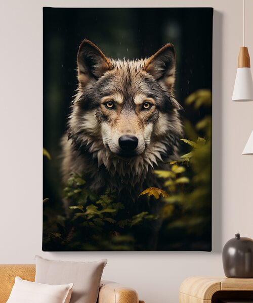 Obraz na plátně - Vlk promočený od deště v houštině FeelHappy.cz Rozměr obrazu (Šířka x Výška): 30 x 40 cm