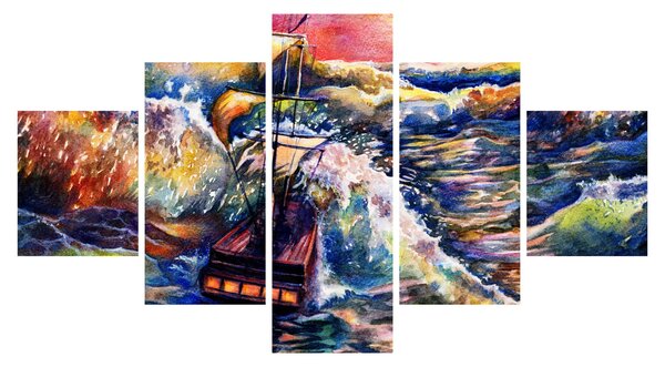 Obraz - Loď na oceánských vlnách, aquarel (125x70 cm)