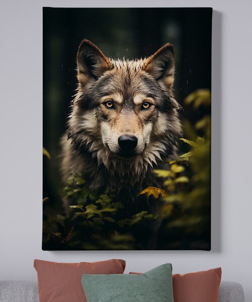 Obraz na plátně - Vlk promočený od deště v houštině FeelHappy.cz Rozměr obrazu (Šířka x Výška): 30 x 40 cm
