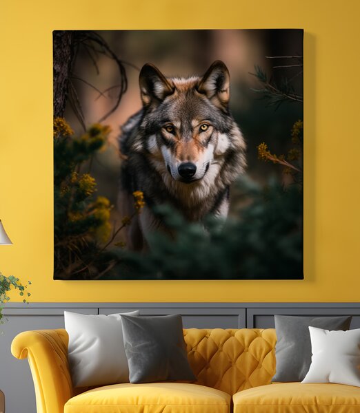 Obraz na plátně - Vlk se rozhlíží v jehličnatém lese FeelHappy.cz Rozměr obrazu (Šířka x Výška): 40 x 40 cm