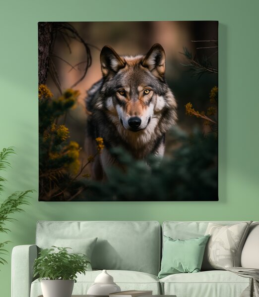 Obraz na plátně - Vlk se rozhlíží v jehličnatém lese FeelHappy.cz Rozměr obrazu (Šířka x Výška): 40 x 40 cm