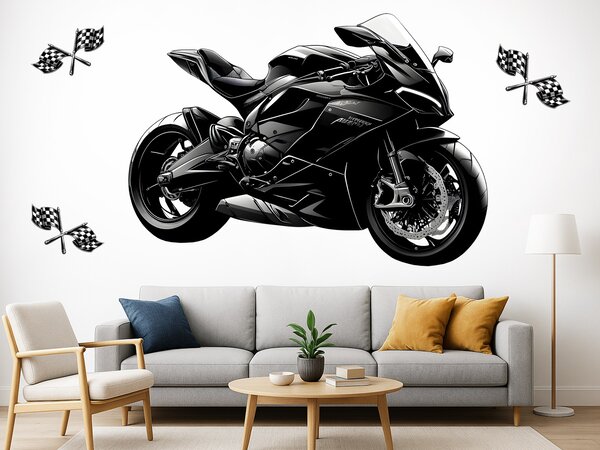 Černá motorka textilní přelepitelná samolepka na zeď arch 47 x 33 cm