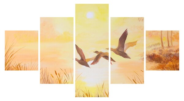 Obraz - Jeřábi při západu slunce (125x70 cm)