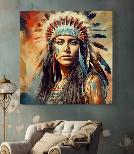 Obraz na plátně - Indiánská žena modré pírko FeelHappy.cz Vyberte rozměr (Šířka/Výška): 60 x 60 cm