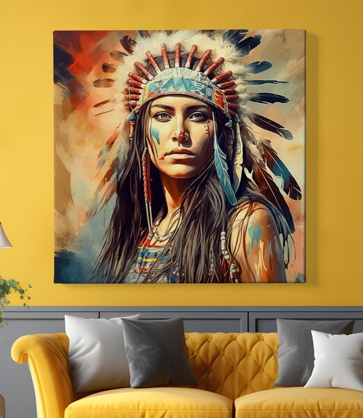 Obraz na plátně - Indiánská žena modré pírko FeelHappy.cz Vyberte rozměr (Šířka/Výška): 60 x 60 cm
